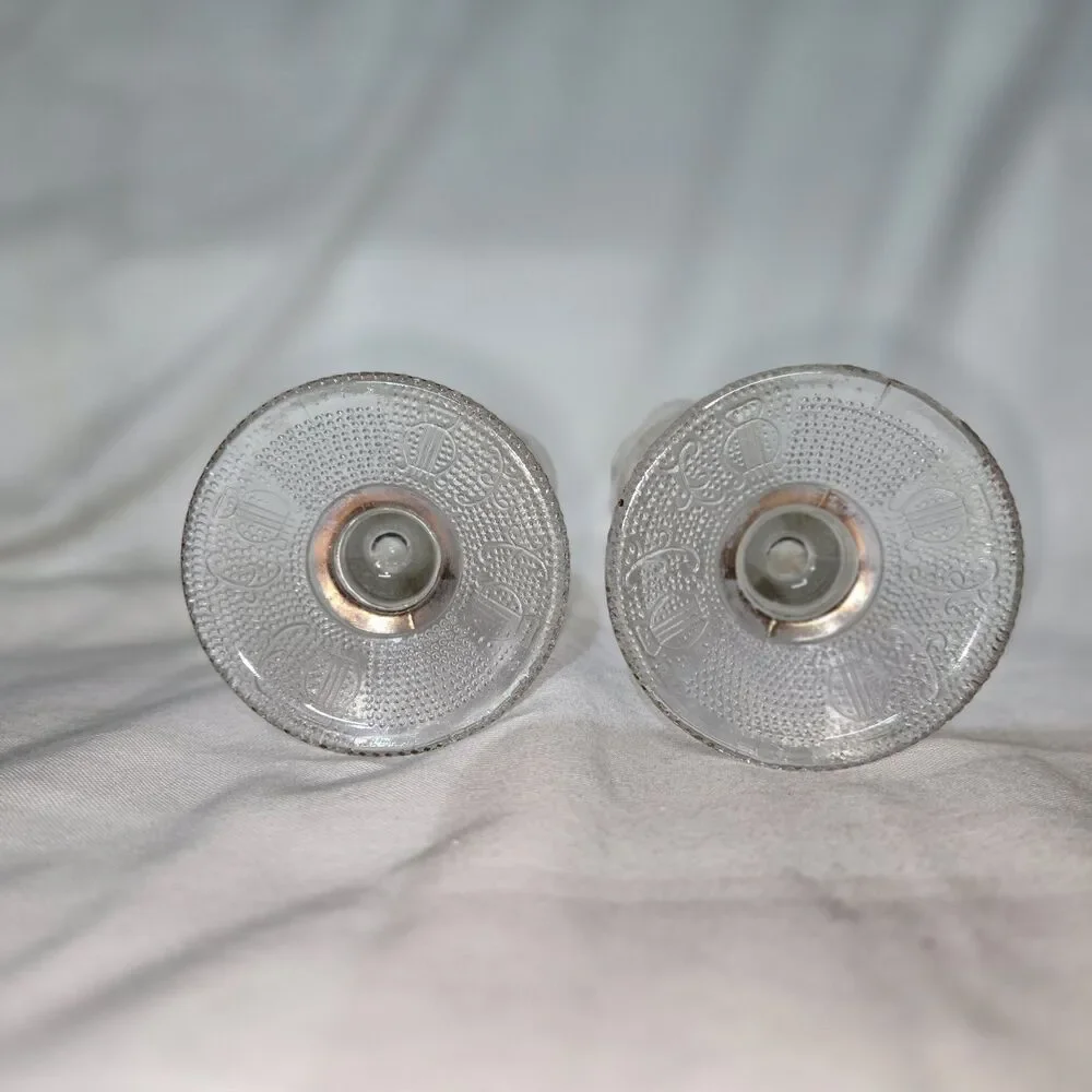 Set Of 2 VTG Jeannette Clear Harp & Scroll Glass Bud Vases W/22K Gold Trim
